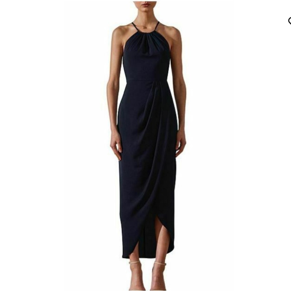 New Shona Joy High Neck Ruched Dress in Navy size 4